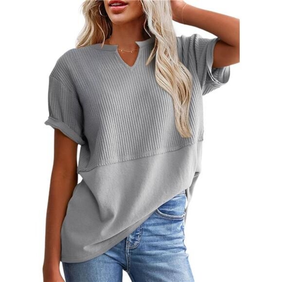 Womens Casual V Neck Waffle Knit Tops Short Sleeve T Shirts Loose Blouses - Picture 1 of 5